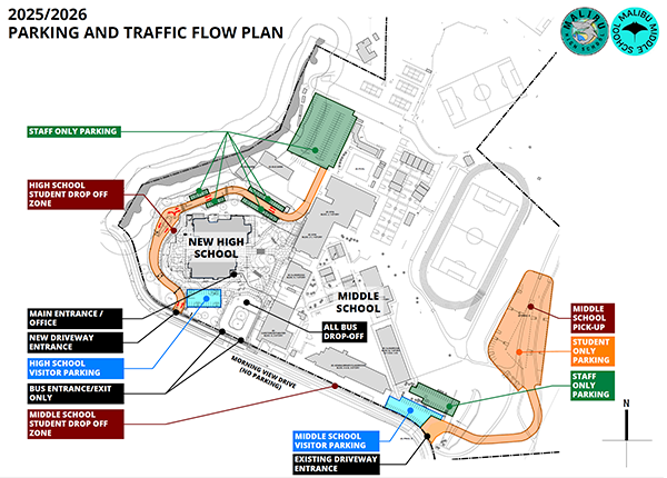 Traffic and parking map for Malibu High School and Malibu Middle School, 2025-26
