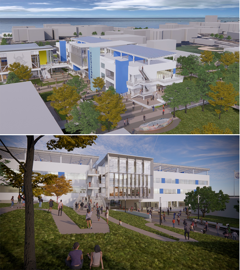 exterior views of Samohi gym and the Exploration building